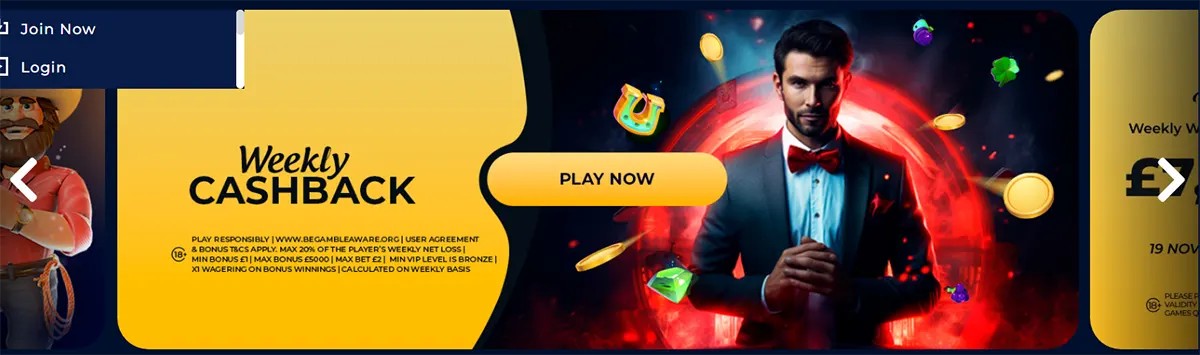 Wide promotional banner advertising weekly cashback with a “Play Now” button, featuring a well-dressed man in a tuxedo against a glowing red circular backdrop, floating coins and icons, and bold “Weekly Cashback” text on a yellow panel.