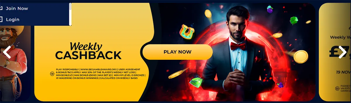 Wide promotional banner advertising weekly cashback with a “Play Now” button, featuring a well-dressed man in a tuxedo against a glowing red circular backdrop, floating coins and icons, and bold “Weekly Cashback” text on a yellow panel.