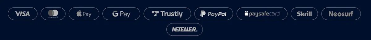 Row of payment method logos on a dark blue background, including Visa, Mastercard, Apple Pay, Google Pay, Trustly, PayPal, paysafecard, Skrill, Neosurf, and Neteller.