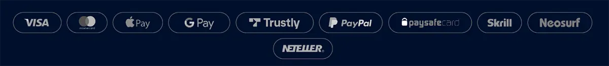 Row of payment method logos on a dark blue background, including Visa, Mastercard, Apple Pay, Google Pay, Trustly, PayPal, paysafecard, Skrill, Neosurf, and Neteller.