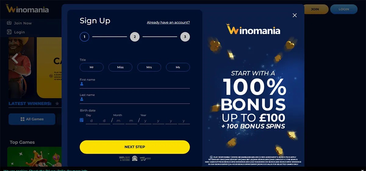 Winomania casino sign-up popup with a 3-step progress bar and personal details form (title, first/last name, birth date) plus a yellow “Next Step” button; right side shows a promo banner: “Start with a 100% bonus up to £100 + 100 bonus spins” with floating coins on a dark blue background.