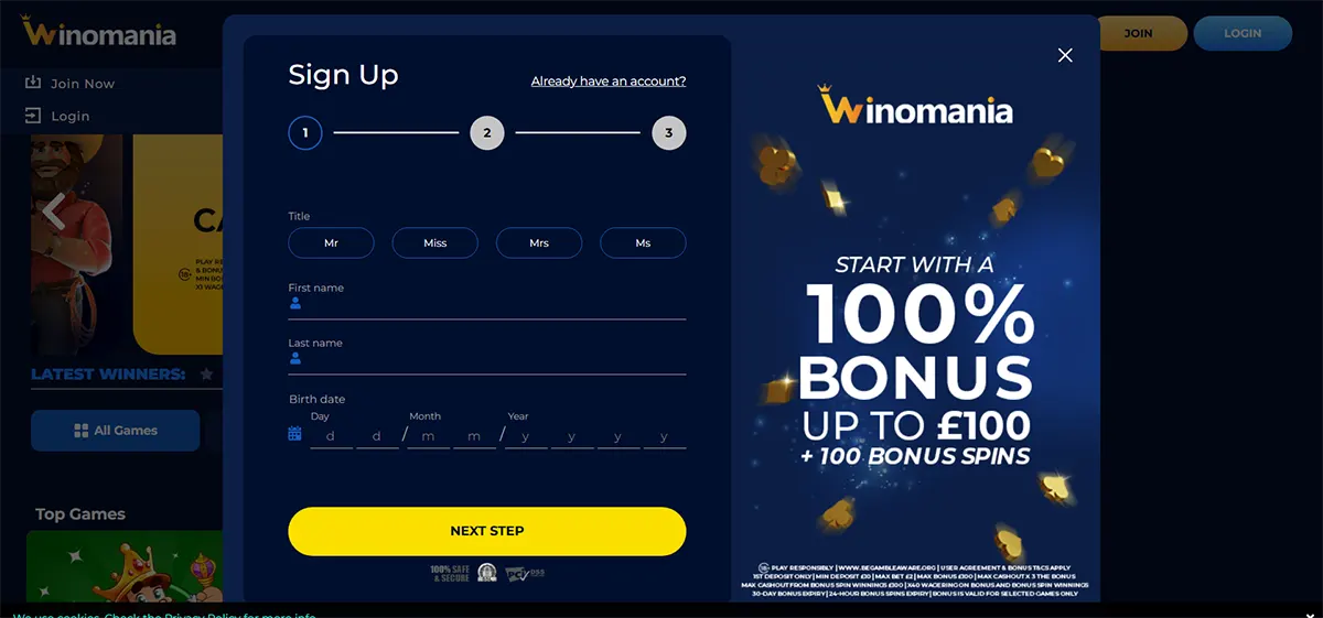 Winomania casino sign-up popup with a 3-step progress bar and personal details form (title, first/last name, birth date) plus a yellow “Next Step” button; right side shows a promo banner: “Start with a 100% bonus up to £100 + 100 bonus spins” with floating coins on a dark blue background.